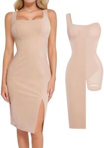 Popilush Leather Dress Square Neck Slit Midi Dresses with Built in Shapewear Plus Size Pleather Bodycon Dress Nude