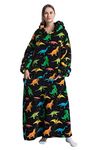 Extra Long Wearable Blanket Hoodie, Oversized Blanket Sweatshirt for Women and Men, Super Warm and Cozy Giant Hooded Blanket, Thick Flannel Blanket with Sleeves and Giant Pocket (Colorful Dinosaur)