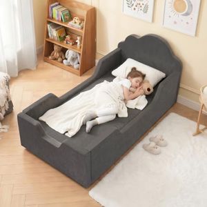Fvkind Toddler Bed, No Assembly Needed, Soft All Foam, Cloud Headboard Grey