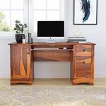 BADHEE Heer Handicraft Simple Office Computer Table with Three Drawer & Single Door Cabinet with Legs & Keyboard Tray Support in Natural Honey in Matte Polished Finish, Material: Sheesham Wood