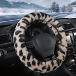 Road Comforts Leopard Plush Steering Wheel Cover for Winter, Made with Flurry Microfiber, Universal Fit 14 1/2 to 15 inches Steering Wheel Cover, Soft Fuzzy Warm Steering Wheel Cover (Beige)