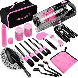 Viewsun 17pcs Car Cleaning Kit, Pink Car Interior Detailing Kit with High Power Handheld Vacuum, Detailing Brush Set, Windshield Cleaner, Cleaning Gel, Complete Auto Accessories for Women Gift