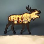 3D Wooden Animals Carving LED Night Light, Wood Carved Lamp Modern Festival Decoration Home Decor Desktop Desk Table Living Room Bedroom Office Farmhouse Shelf Statues Perfect Gifts (Moose Deer)