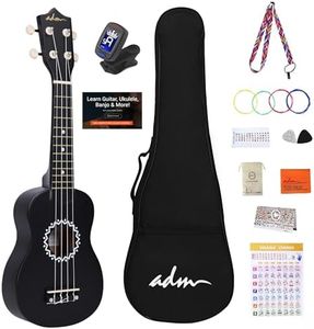 ADM Soprano Ukulele Set for Kids and Beginners, Ukulele Starter Kit with Bag, Clip-On Tuner, Rainbow Strings, Colourful Strap, Plectrum, Fingerboard Sticker, Chord Card (Matte Black)