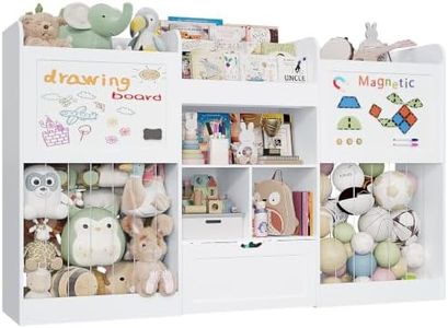 70.8" W Toy Organizers and Storage, 378L Large Stuffed Animal Storage with 3-Tier Bookshelf, 2 Magnetic Drawing Boards and Open Cubbies & Rolling Drawer for 120+ Plush Toys, Playroom Nursery, White