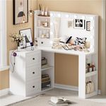 PAKASEPT Vanity Desk with Mirror and Lights, Corner Makeup Table with 3 Color Lighting, White Vanity with Power Strip & Hooks, Hidden and Open Shelves, Adjustable Brightness
