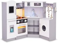 Lil' Jumbl Kids Corner Kitchen Set, Pretend Wooden Deluxe Play Kitchen, Battery Operated Icemaker, Stovetop & Faucet with Realistic Sound - Grey