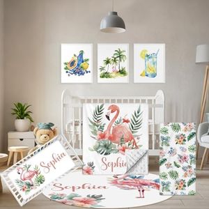 Terwex Personalized Baby Crib Bedding Set, 5 Pcs Custom Name Nursery Bedding Set, Flamingo Baby Bedding Set for Girls Boys, Double Layer Flannel Baby Crib Set, Toddlers Kids Infants Customized Gifts