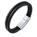 U7 Mens Double-Row Black Braided Leather Bracelet Bangle Wristband with Stainless Steel Clasp, Length 7.5"