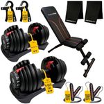 MotionGrey 5-52.5LB Adjustable Dumbbell Set (Single/Pair)| All-in-One Space-Saving Dumbbells with 15 Settings|Compact Weights for Home Gym Workout Fitness Equipment | Includes Jump Ropes & Hand Grips (2 Set + Bench)