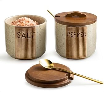 YHOJOY Ceramic Salt and Pepper Bowl, Salt Cellar with Lid and Spoons Salt Containers for Countertop Pepper Holder Box, Beige