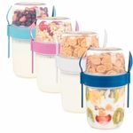 EYNEL 4 Pack On The Go 22 oz Breakfast Cups with Lids and Spoon, Reusable Cereal Yogurt Cup with Topping Plastic Overnight Oats Container for Granola Oatmeal (22 oz - 4 Pack)