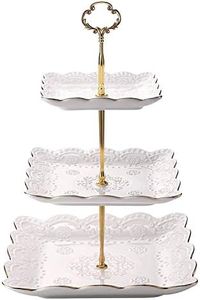 EAMATE 3-Tier Square Ceramic Cupcake Stand, High Tea Stand for Party or Holiday Hosting (with Gold Edge)