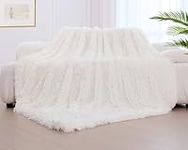 KANKAEU Faux Fur Throw, Ultra Soft Fluffy Blanket, Cream Throw 200x220 cm, Throw Blanket, White Blanket for Bed, Wool Blanket, Sofa Blanket, Bedspread