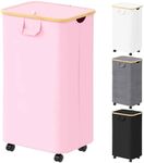 SpaceAid Laundry Hamper with Wheels and Lid, 26 Gal (100L) Rolling Clothes Basket with Bamboo Handle, Large Laundry Hamper for Bedroom, Bathroom, Dorm, Laundry Room - Pink