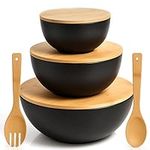 Vdomus Salad Serving Bowls with Lids - 5x10x10-Inch Bamboo Fiber Bowl Set with Wooden Lids - Multi-Purpose Bowl and Board Set for Kitchen - Mixing Bowl Set for Serving and Preparing Food - Set of 3