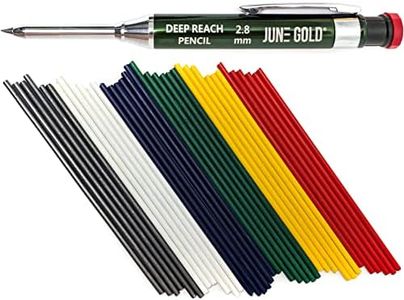 June Gold 2.8 mm Deep Reach Metal Carpenter Pencil, 36 Colored Refills, 6 Colors, 40 mm reach, 6 mm width, Built-in Sharpener, Construction, Shop, Glass, Machine, Indoor, and Outdoor