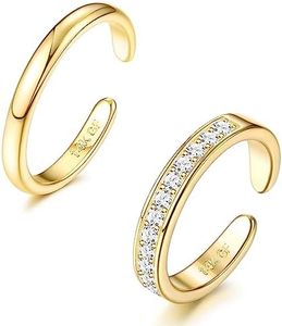 Morfetto Anillos de Dedo del Pie Rellenos de Oro de 14K para Mujer, Anillos de Meñique Abiertos Ajustables, Banda Enorme CZ, Anillos de Oro de Tres Filas, Joyería para Pies 2 piezas-CZ
