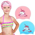 El Regalo 2 PCs Kids Swimming Caps Set- Silicone Swimming Hat for Girls Boys Waterproof Bathing Caps for Long & Short Hair with Unicorn, Astronaut, Heart, Fairy Mermaid (Pink & Blue Unicron)