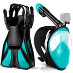 Odoland Snorkeling Packages Set, Full Face Snorkel Mask with Adjustable Swim Fins and Lightweight Backpack, Anti-Fog Anti-Leak Snorkeling Masks Gear for Men Women Adult, Cyan/Black,L/XL