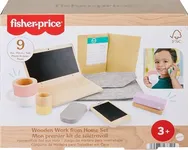 Fisher-Price Preschool Toy Wooden Work from Home 9-Piece Office Set with Wood Laptop & Phone for Pretend Play Kids Ages 3+ Years