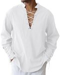 LVCBL Mens Linen Medieval Shirts Drawstring Henley Shirts Renaissance Captain Victorian Top White L