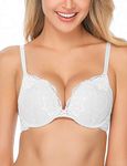 WingsLove Women's Push Up Bra Floral Lace Padded Underwire Bra Demi Plunge (White,36B)