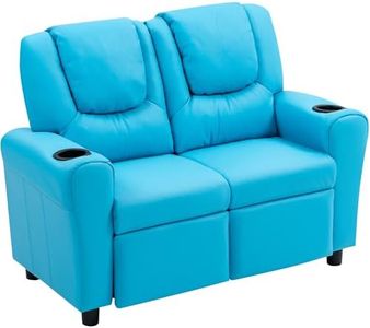 AVAWING Double Toddler Recliner Chair, Kids Couch with Cup Holders, Faux Leather Kids Recliner, Kids Loveseat Sofa w/Adjustable Footrest & Headrest for Boys and Girls Age 1-4, Blue