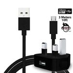 3 Pin UK 1000 mAh USB Mains Charger Adapter with USB 2.0 Micro USB SYNC & CHARGE Connect Tangle Proof Cable (3 Meters) For Amazon Kindle FIRE HD 7" Tablet - BLACK