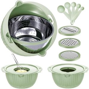 4-1 Strainer Bowl with Lid Set - Strainers and Colanders - Colanders for kitchen - Food Strainer with Graters & Spoons - Fruit Washing Bowl with Strainer Pasta Rice Strainer for Veggie Wash Green