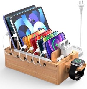Pezin & Hulin Bamboo Charging Station for Multiple Devices with 5 Port USB Charger, 5 Charger Cables and Watch Stand, Wood Desktop Docking Organizer for Cell Phone, Tablet, Watch, Office Accessories