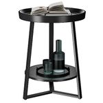 Gadroad Round End Table with Storage Shelf, 2 Tier Farmhouse Circle Side Table Nightstand Sofa Table for Living Room, Bedroom, Wood Tabletop & Black Metal Frame (15.7 * 15.7 * 23.6inches, Black)