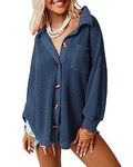 Dokotoo Women's Winter V Neck Waffle Knit Long Sleeve Shirt - Comfy Button Down Solid Jacket Outwear Blue Large