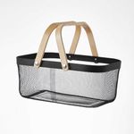 Eden & Willow Mesh Wire Metal Storage Basket with Wooden Handle - Versatile Organiser for Kitchen, Bathroom, Office - Stackable & Durable (Black, Large)