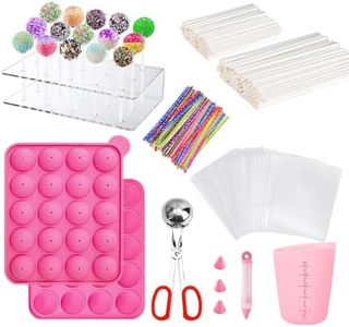 606Pcs Cake Pop Kit,Silicone Lollipop Molds Including Lollipop Sticks,Measuring Cup,Treat Bags,Twist Ties,Decorating Pen,Meat Baller with Handles,Round Mold,Lollipop, Candy,Display Stand Holder(Pink)