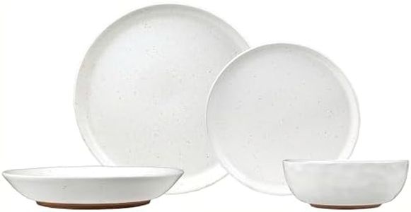Sango Kaya 16-Piece Boho Farmhouse White Stoneware Dinnerware Set – Service for 4, Plate & Bowl Set, Rustic White Speckled Design, for Everyday Dining & Entertainment, Microwave & Dishwasher Safe