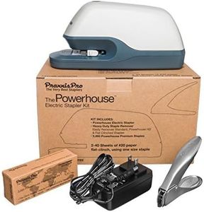 PraxxisPro Powerhouse Electric Automatic Jam Free 40 Sheet Flat Clinch Stapler for Home, School or Office. Power Adapter, Magnetic Staple Remover and 1,250 Powerhouse Staples. Extremely Quiet