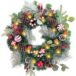 WANNA-CUL Pre-Lit 24 Inch Lighted Christmas Wreath for Front Door Red White Christmas Door Wreath Decoration with Ball Ornaments, Candy Canes,Eucalyptus Leaves, Battery Operated 30 LED Lights