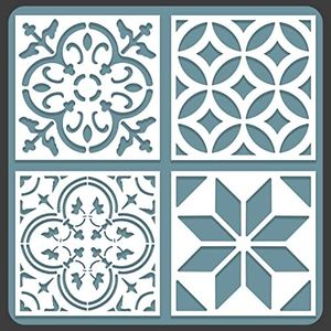 STENCILOGY® / 4 pcs. 8 x 8 Inches/Tile Stencil Set, Reusable Tile Stencils Set for Painting, Furniture, Floor/Household Paint Wall Stencils (8x8 inches)