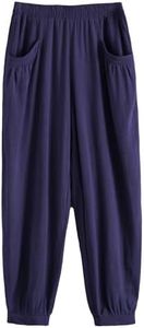 Minibee Women's Cotton Linen Tapered Cropped Pants Elastic Waist Trousers - Blue - Medium