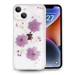 Enflamo Soft Clear Flexible Silicone Pressed Dry Real Flowers Case Glitter Floral Back Cover for iPhone 13 (Purple, Thermoplastic Polyurethane)