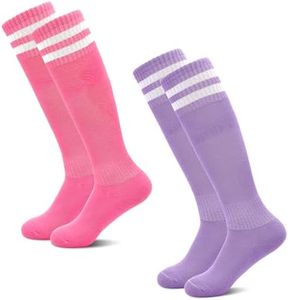 Tphon Kids Girls Soccer Socks Toddler Youth Football Socks Knee High Softball Socks for 7-13 Years Tube Socks 2 Pairs
