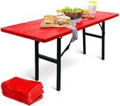 LINPRO 5Pk Plastic Table Cloths Disposable for Parties 6ft Picnic Table Covers with Elastic Fitted Camping Tablecloth Elastic Table Cover Rectangle Red Tablecloth Waterproof Outdoor & Folding Tables