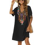 Grosy Women's Embroidered Mexican Peasant Dresses, Plus Size Fiesta Boho Dress for Women, Traditional Floral Bohemian Tunic, Black-1, X-Large