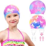 2 Pack Kids Swim Cap Durable Silicone Swim Caps for Boys Girls Toddler Waterproof Bathing Pool Swimming Caps Comfortable Kids Mermaid Unicorn Swimming Hats for Long and Short Hair with Nose Clip