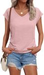 AUTOMET Womens V Neck Cap Sleeve Tshirts Casual Tops Cute T Shirts Summer Clothes Vintage Basics Tee, LightPink, S