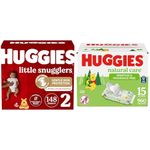 Huggies Little Snugglers Baby Diapers, Size 2, Mega Colossal, 148 Ct & Natural Care Sensitive Baby Wipes, Unscented, Hypoallergenic, 99% Purified Water, 15 Flip-Top Packs (960 Wipes Total)