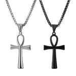 JKJF 2 Pcs Coptic Ankh Cross Pendant Necklace Ancient Egyptian Religious Cross Pendant Chain Necklace Cool Stainless Steel Pendant Necklace Goth Punk Rock Hip Hop Necklace for Men Boys - Black Silver