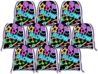 Birthday Galore Glow Light Neon 8.5 x 11 Inch Drawstring Goodie Bags For Party Favors - 10 Pack of Candy Treat Bags - Boys and Girls Kids Birthday Party Decorations