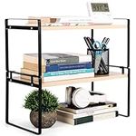 BELLE VOUS Wooden Desktop Organiser Shelf - Stackable 2-Tier Storage Rack for Home Table, Kitchen or Desk - Freestanding Display Shelf for Books, Decor or Office Supplies - Brown and Black